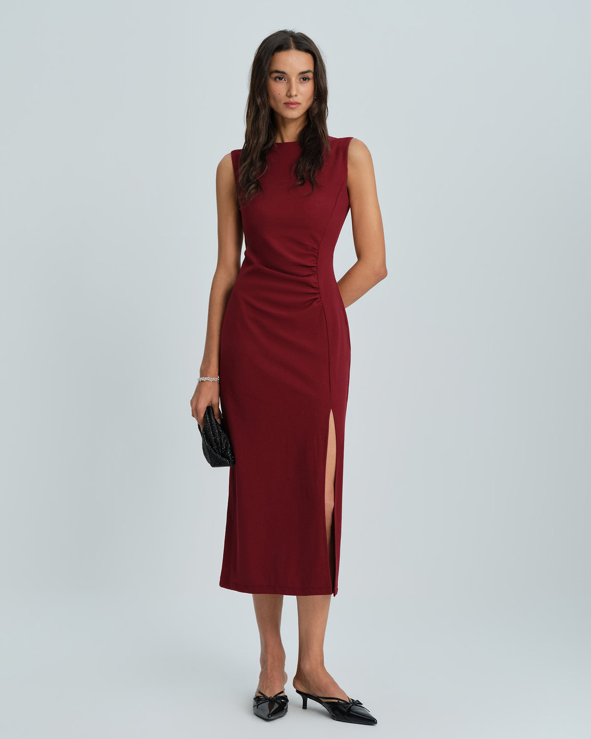 Women's Woven Polyester Midi Dress Wine Red Dresses - RIHOAS