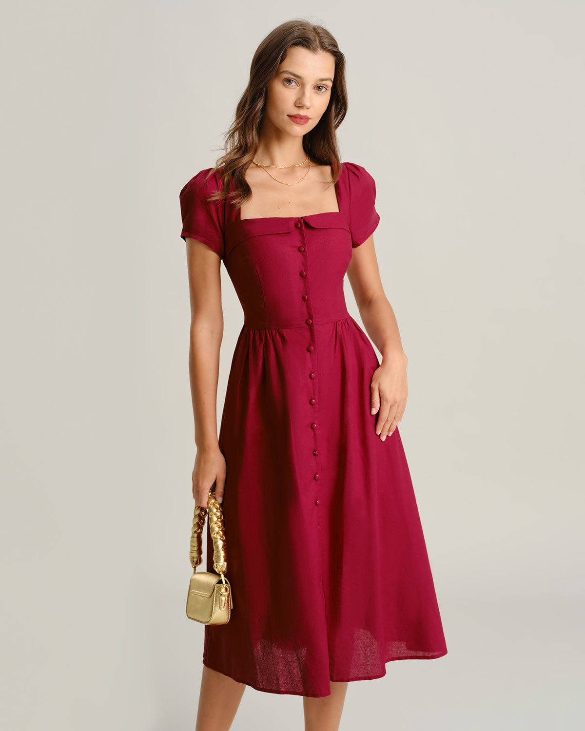 Women's Woven Polyester Midi Dresses Wine Red Dresses - RIHOAS
