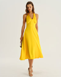 Women's Woven Polyester Midi Dresses Yellow Dresses - RIHOAS