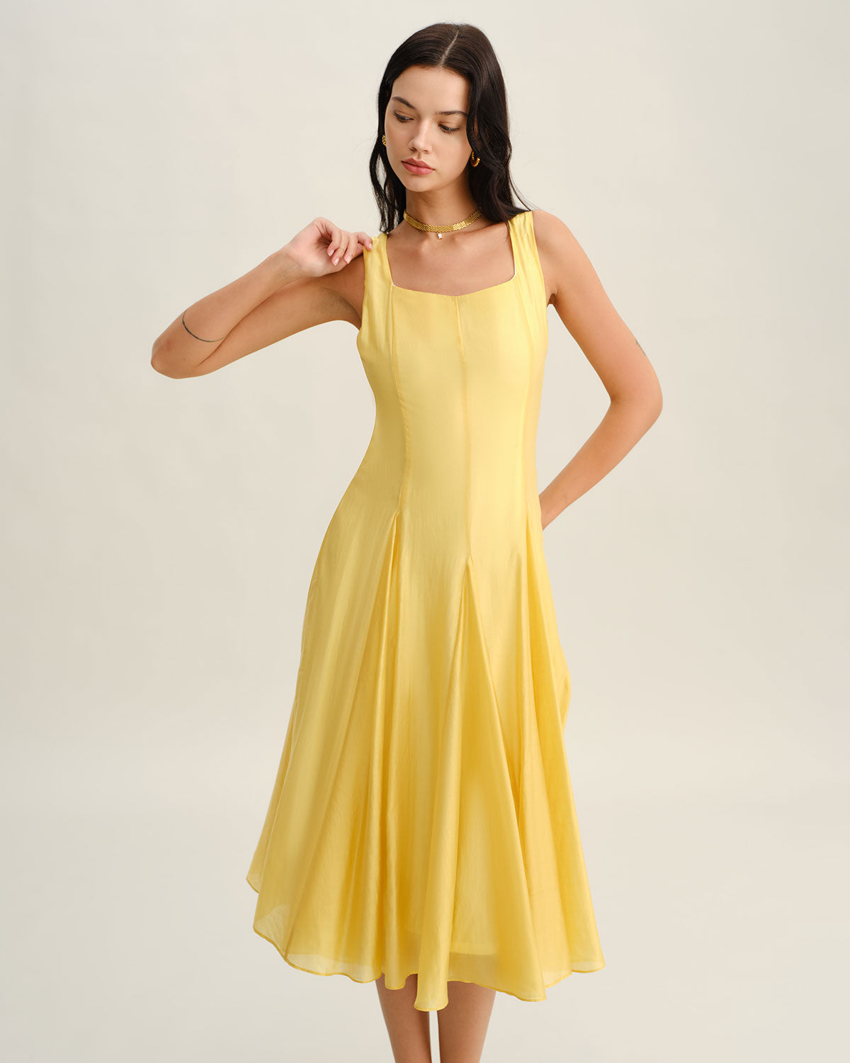 Women's Woven Polyester Midi Dresses Yellow Dresses - RIHOAS