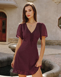 Women's Woven Polyester Mini Dress Wine Red Dresses - RIHOAS