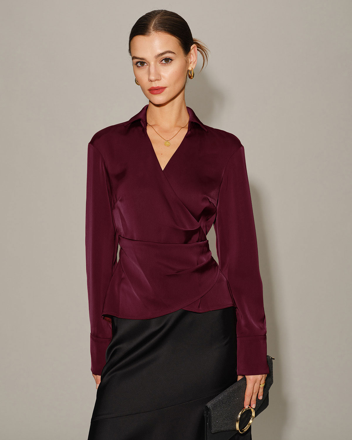 Women's Woven Polyester Shirt Wine Red Tops - RIHOAS
