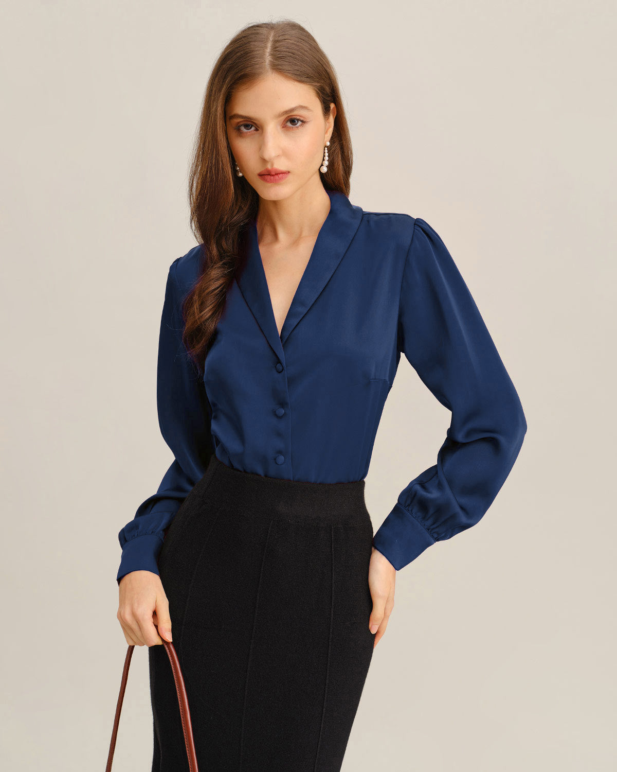 Women's Woven Polyester Shirts Navy Tops - RIHOAS