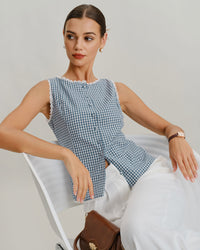 Women's Woven Polyester Tank Tops Blue Tops - RIHOAS