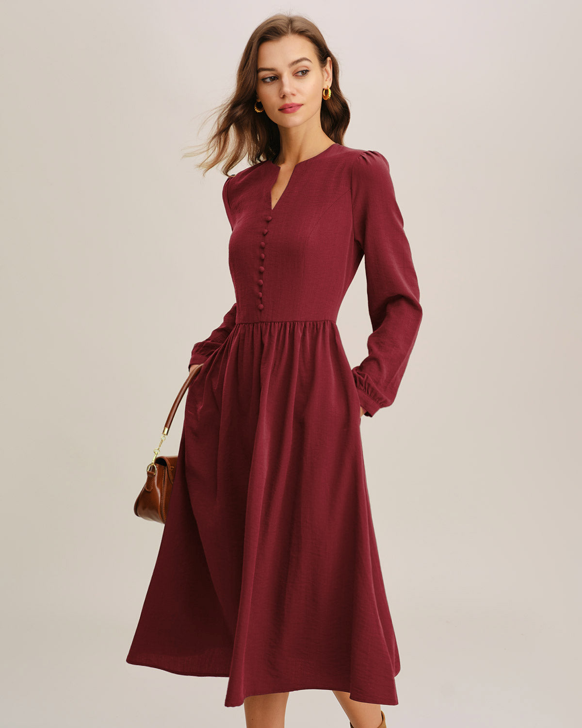 Women's Woven Viscose Midi Dress Red Dresses - RIHOAS